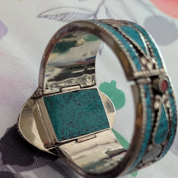 Turquoise and Coral Stone Tibetan Silver Bracelet - Picture 7 of 11